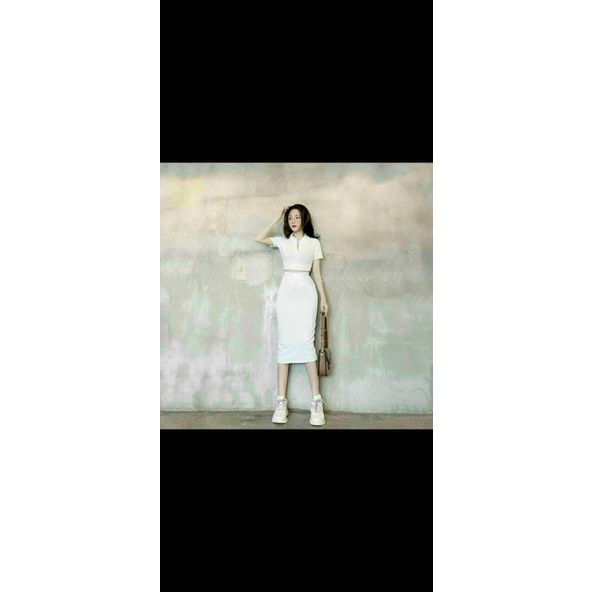 [ 8.8 Sales Freeship] Set váy thun borip ôm body, set áo cổ bẻ croptop mix chân váy dài đi chơi, dạo phố cá tính