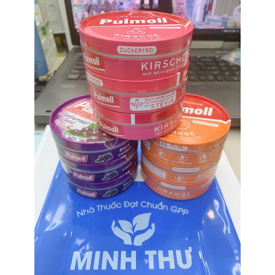 ✅ Kẹo ngậm ho không đường Pulmoll hộp 50g 3 vị: Orange, Krische, Blackcurrant cassis