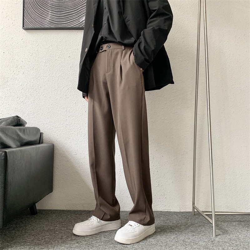 ♞AFF LIGA♞ Quần dài ống suông rộng phối túi và nút cài màu trơn phong cách Hàn Quốc đường phố vintage đơn giản thời trang cho nam