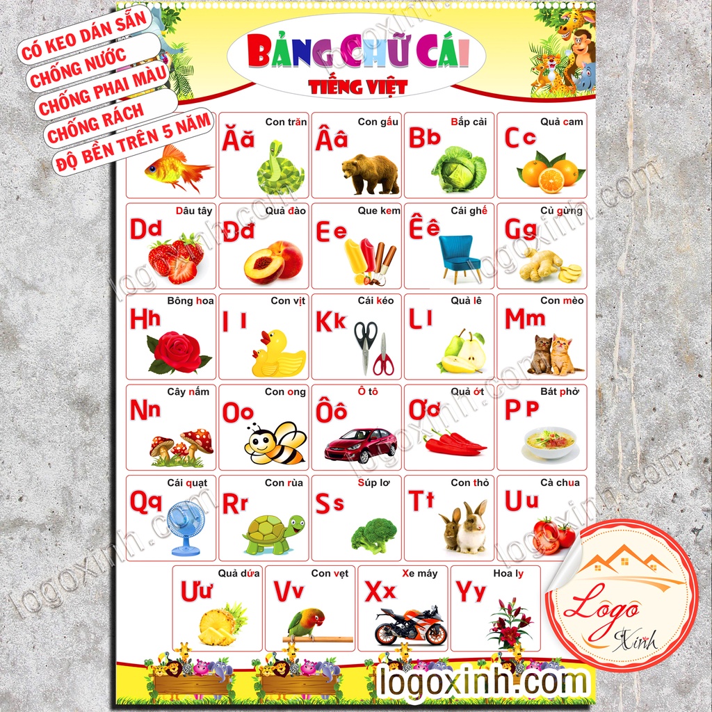 Bảng Chữ Cái In Hoa, In Thường Bằng Tếng Việt Kèm Hình Minh Họa Dạng Decal Dán Cho Bé Lớp Tiểu Học, Mầm Non, Bé Tập Đọc