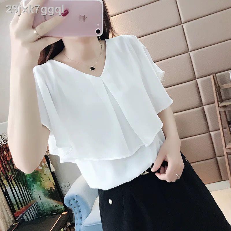 áo trễ vaiÁo voan trễ vai nữ tay ngắn 2021 phiên bản Hàn Quốc mới mùa hè dáng rộng và mỏng V - blouse cổ yếm ki