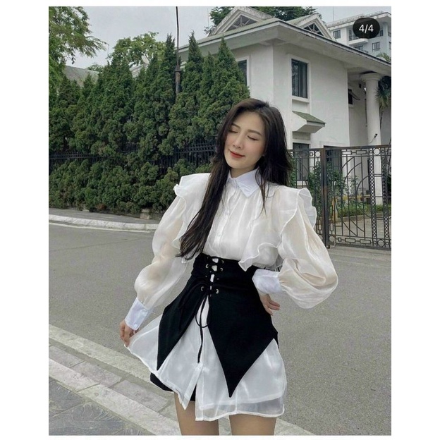 Đầm Sơ Mi Cổ Bèo Kèm Belt Hai Lớp Sang Chảnh
