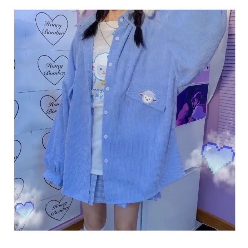 Áo Khoác Sơ Mi Nhung Gân Họa Tiết Giả Túi Cừu Cute Form Rộng Unisex Nam Nữ Ulzzang