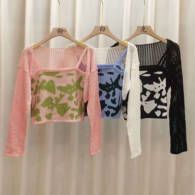 Set Áo Croptop Hai Dây + Áo Khoác Chống Nắng Dài Tay Thời Trang Nữ