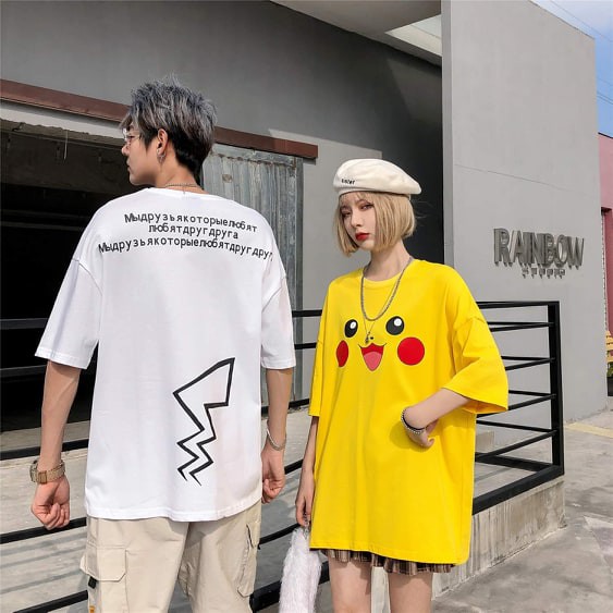 Áo đôi cotton họa tiết pikachu 2 mặt
