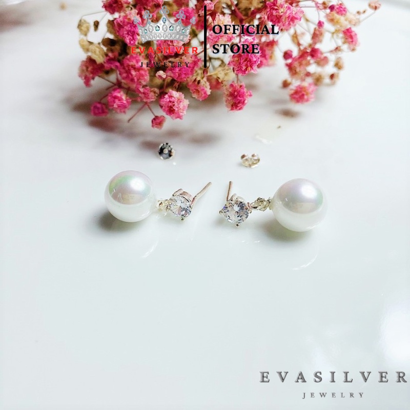 Bông tai bạc nữ đính ngọc trai li to Evasilver, Khuyên tai chất liệu bạc thật đính giả ngọc trai