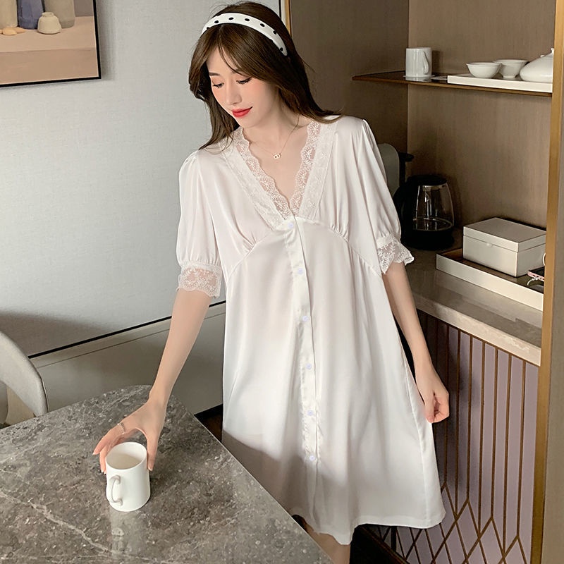 Đầm ngủ tay ngắn chất lụa màu trơn phong cách Hàn Quốc dễ thương thời trang mùa hè cho nữ