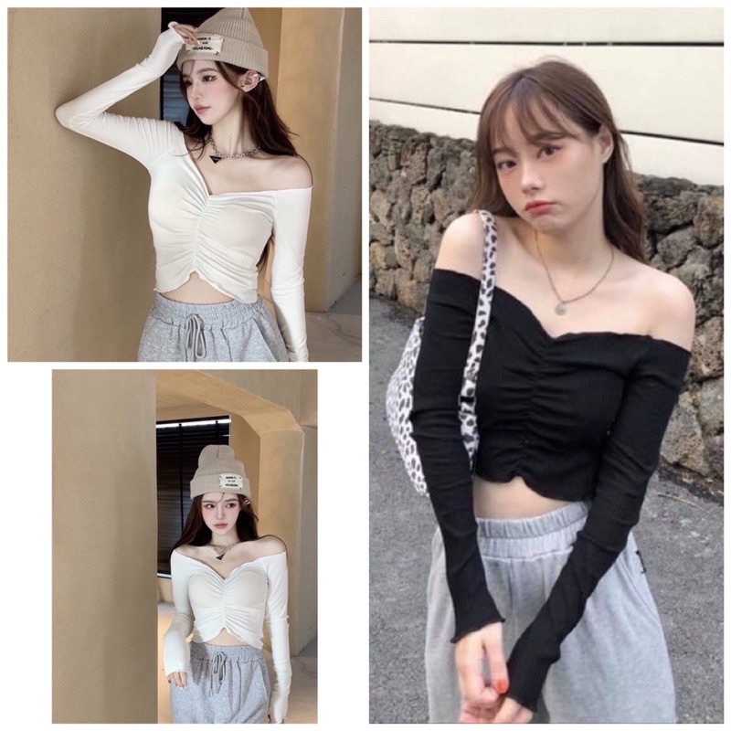 Áo thun tay dài trễ vai croptop dành cho nữ