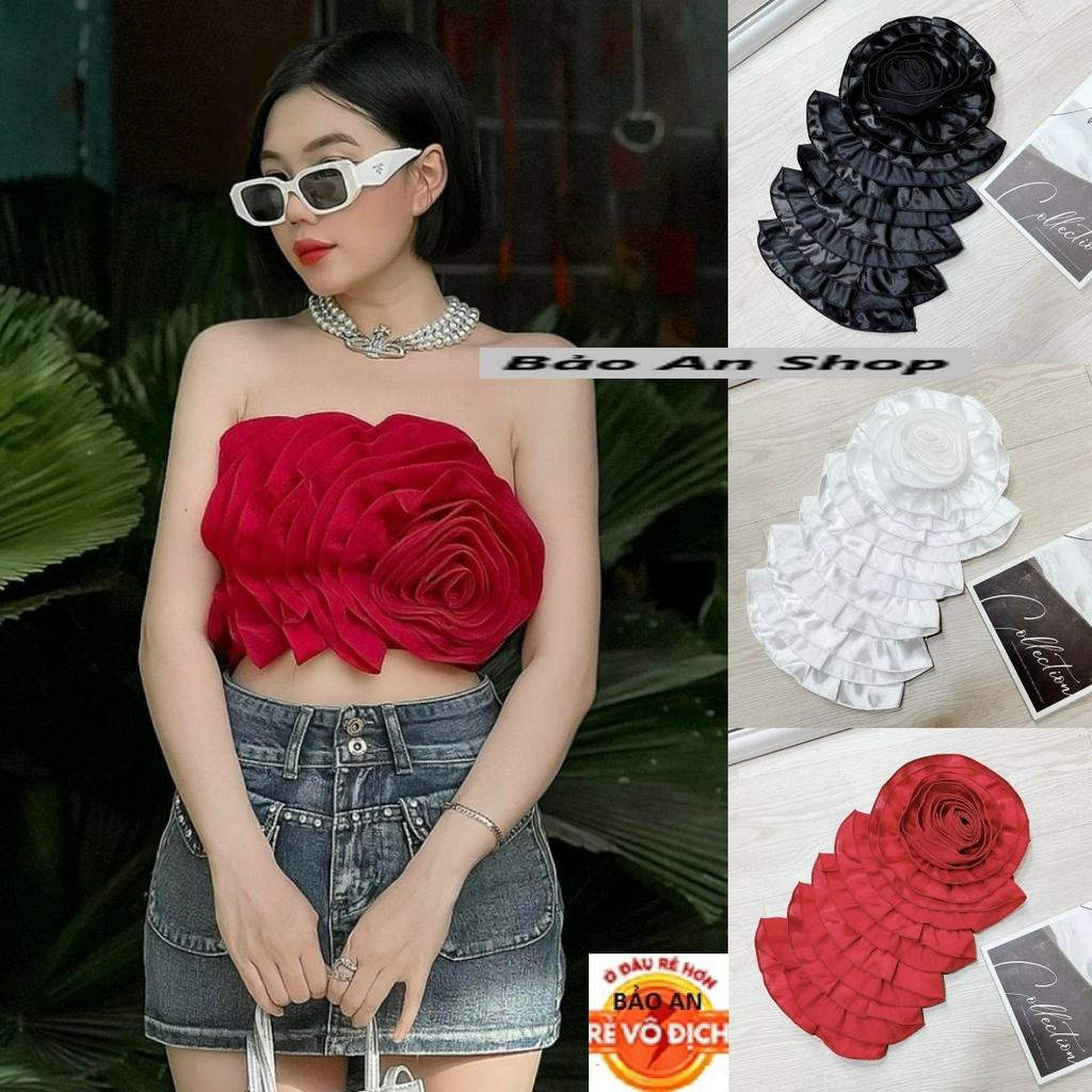 Áo ống nữ kiểu phối nhún ôm body hoa hồng dễ thương chất vải phi lụa bóng mềm mịn FreeSize