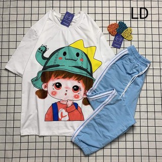 Set áo thun tay lỡ bạn gái mũ xanh + quần thể thao chun gấu 2 sọc trắng