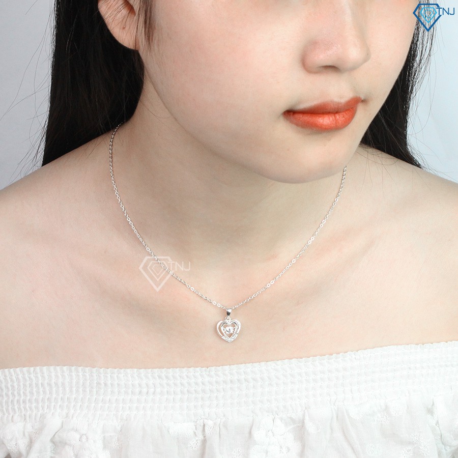 Vòng cổ bạc nữ mặt trái tim kép đính đá DCN0424 - Trang sức TNJ