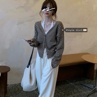 Áo khoác cardigan dệt kim kẻ nâu sọc nhẹ nhàng