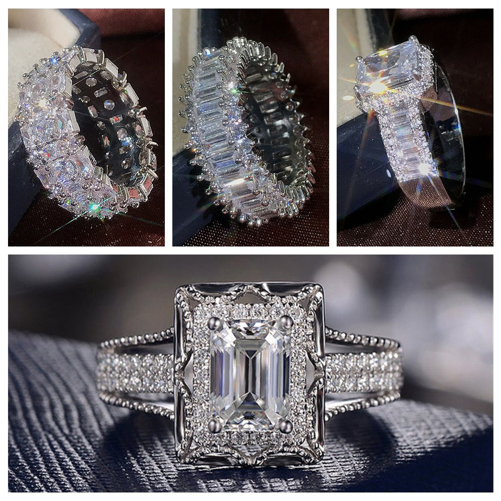 Nhẫn Đính Đá Sapphire Trắng Thời Trang Cho Nữ|Trang Sức Đám Cưới Bling|Mạ