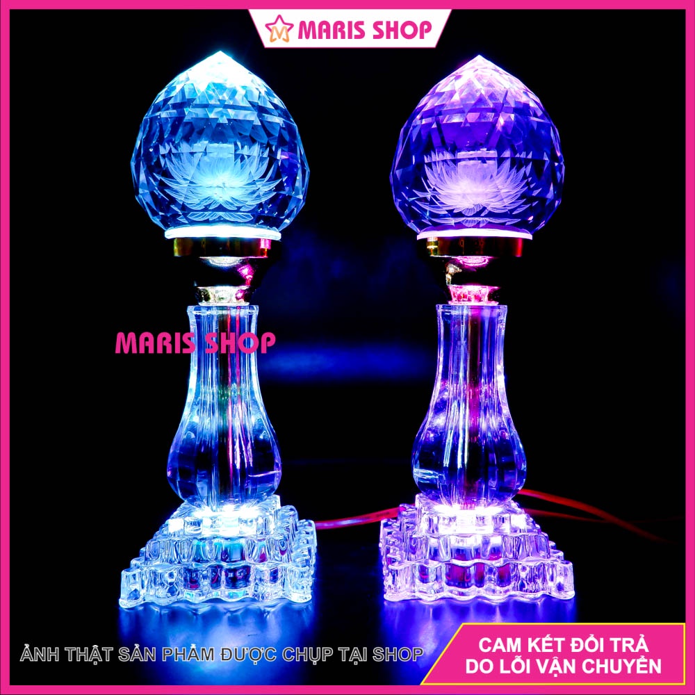 Đèn Thờ Pha Lê Nguyên Khối cao 24cm LED tự động đổi màu để bàn thờ Phật, Gia Tiên Đẹp