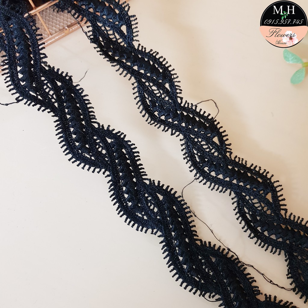 Dây vải ren chỉ đen thêu hình dẫu ngã, bản 3cm, dùng may váy áo, trang trí đồ thủ công