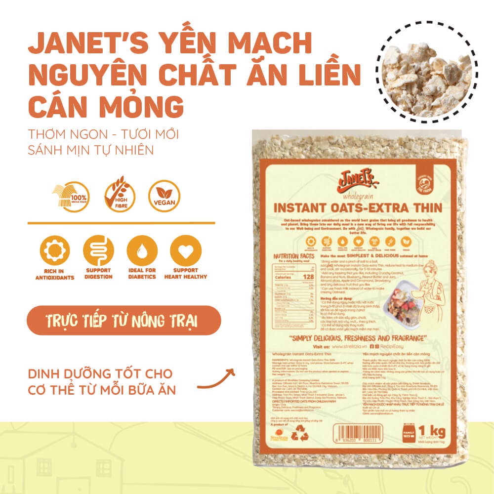 Yến mạch nguyên chất ăn liền Janets 1kg Chile, loại cán dày và cán mỏng