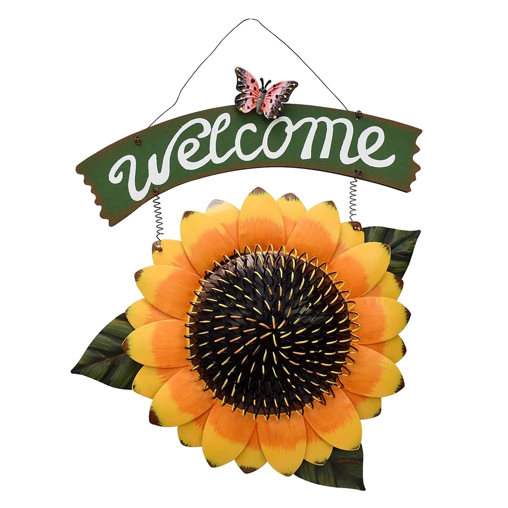 Welcome Sign Sunflower Decor Outdoor For Wall Cafe Store Wreath Decorative