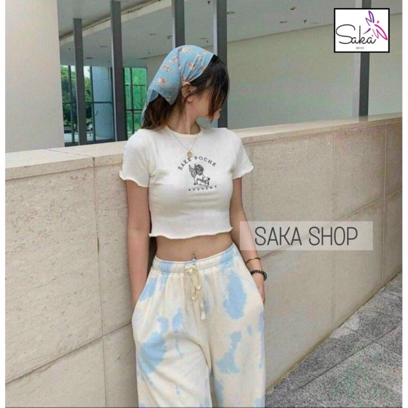 Áo croptop nữ tay ngắn cuốn biên in chữ dễ thương