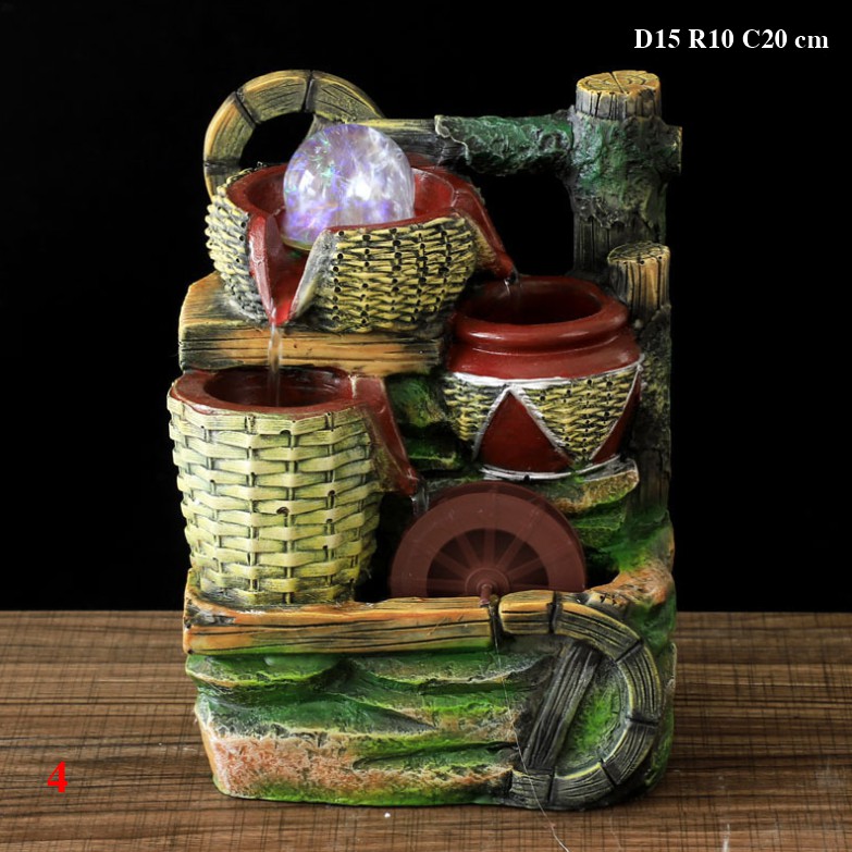 Thác nước phong thủy để bàn Size 15x10x20 cm, mẫu cọc gỗ và bánh xe nước