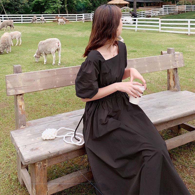 Đầm chữ A tay phồng cổ vuông thắt dây eo plus size phong cách retro Pháp