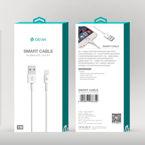 Dây Cáp Sạc ip DEVIA Smart Series chuẩn lightning sạc nhanh ổn định không nóng máy độ dài 2 mét Bảo hành 1 năm