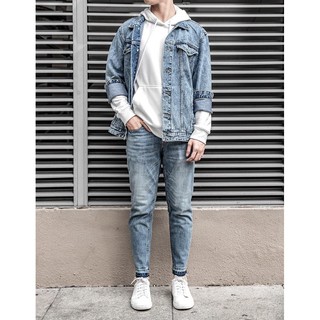 Quần Jeans xanh rách gấu form slim crop