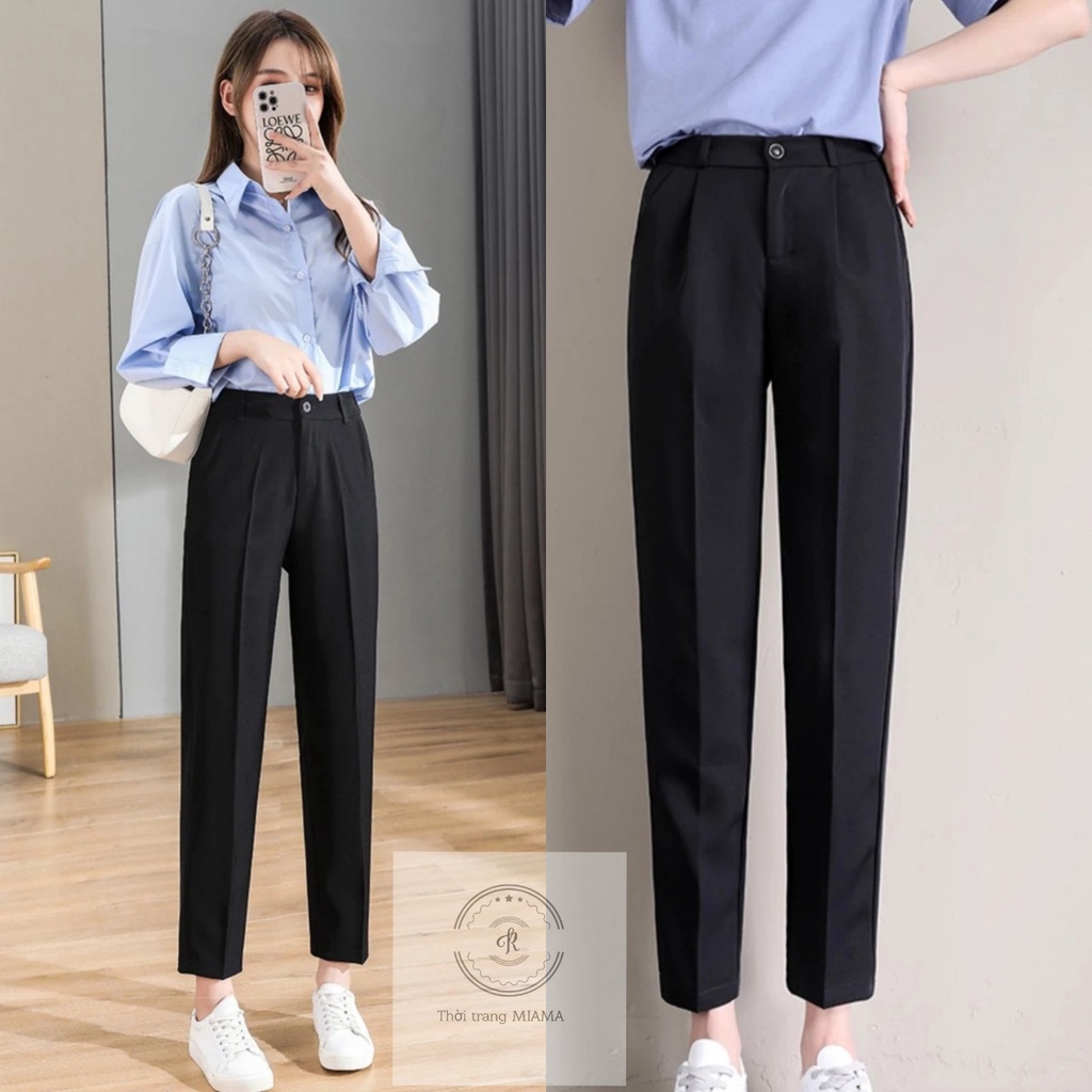 Quần vải baggy nữ công sở dáng dài ống đứng cạp cao màu đen chất tuyết mưa mềm - Quần tây lưng cao đi học sinh có đai