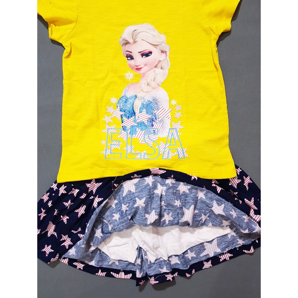 Bộ áo thun cotton váy quần in công chúa elsa bé gái