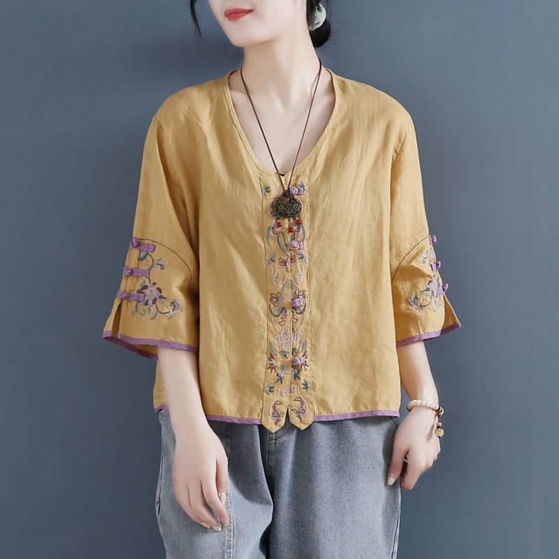 Áo Sơ Mi Cổ Chữ v Dáng Rộng Thêu Họa Tiết Phong Cách Retro Thời Trang
