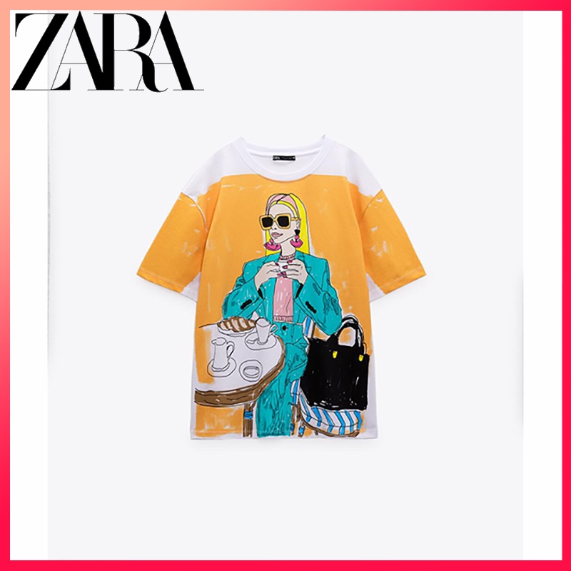 Zara Áo Thun Tay Ngắn Cổ Tròn In Họa Tiết Thời Trang Mùa Hè Cho Nữ