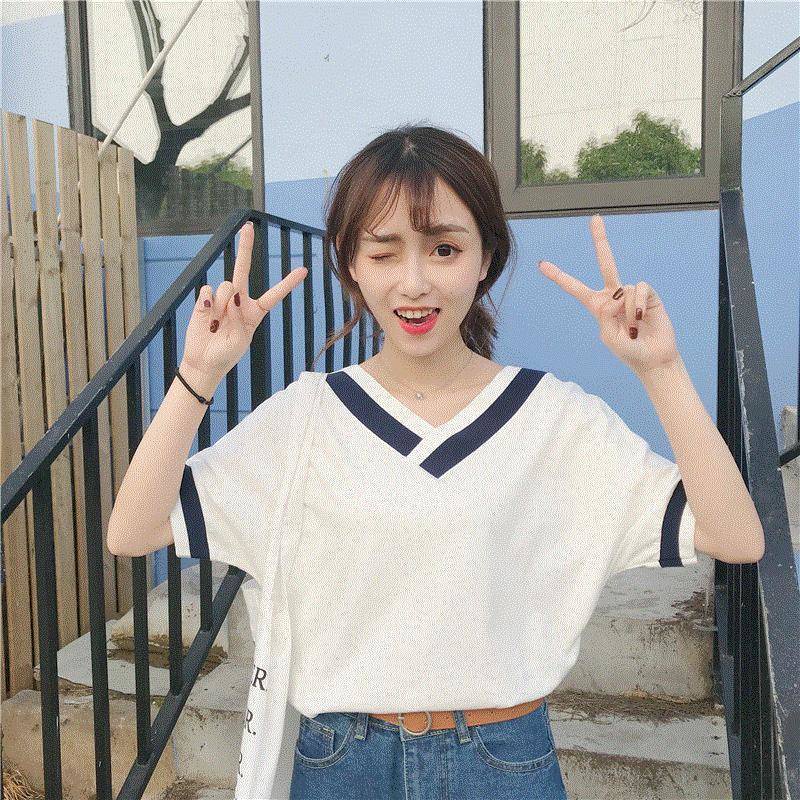 Áo Thun Cánh Dơi Tay Ngắn Cổ Chữ V Màu Trắng Phong Cách Nhật Bản Thời Trang Mùa Hè Mới 2022 Cho Nữ