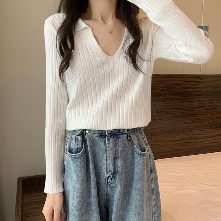 Áo kiểu ZHELIHANGFEI vải dệt kim tay dài cổ polo dáng ôm thời trang cá tính cho nữ