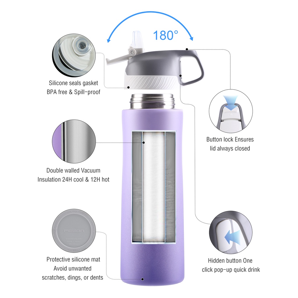 Bình Giữ Nhiệt FJbottle Gradient màu tím Hàng Chính Hãng 550ml Giữ Nhiệt 24h Inox 316 Chống Tràn FJ001