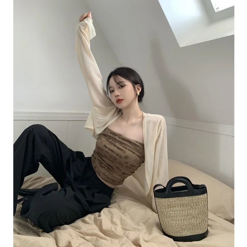 COZOK Set Áo Thun Tay Dài + Áo Khoác cardigan Sát Nách Dáng Ngắn In Chữ Trẻ Trung
