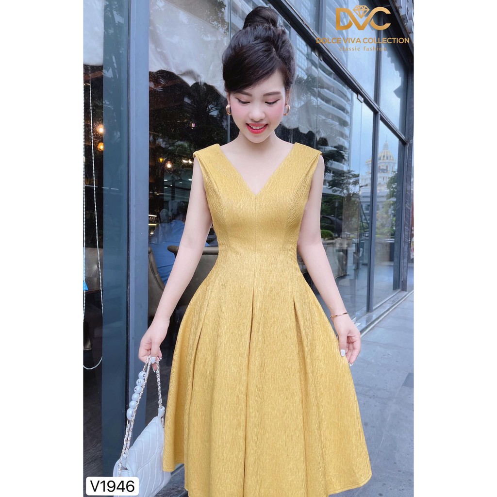 Váy xòe công sở màu vàng thanh lịch, sang trọng, cổ V, không tay, đi tiệc, đi chơi, đi làm đẹp, đầm thiết kế DVC #1946