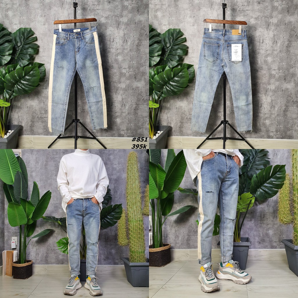 Quần jean nam W2P skinny jeans xanh sọc trắng rách đùi gối 851