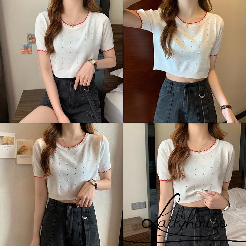 Áo Croptop Dệt Kim Tay Ngắn Cổ Tròn Màu Sắc Tương Phản Thời Trang Cho Nữ