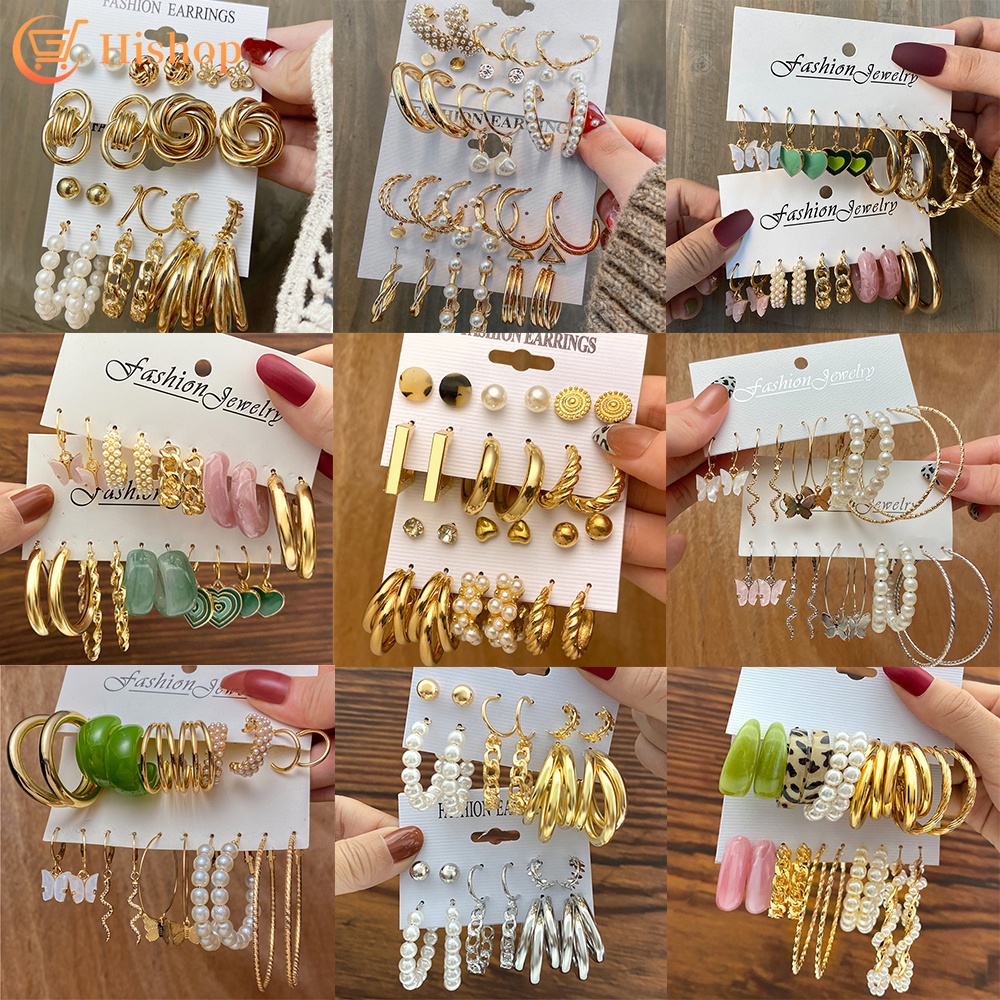 Bộ 2 Bông Tai Tròn Họa Tiết Da Rắn/Bướm/Ngọc Trai Bằng Nhựa Màu Vàng/Bạc Phong Cách Retro Cho Nữ