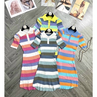 Đầm len sọc body cổ bẻ gài nút.Váy len nữ kẻ sọc phối màu trẻ trung xinh xắn