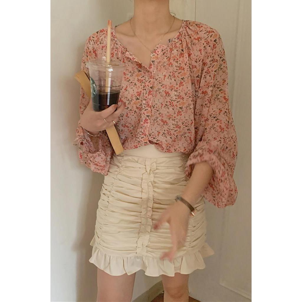 Áo Sơ Mi Nữ Tay Ngắn Họa Tiết Hoa Phong Cách Hàn Quốc