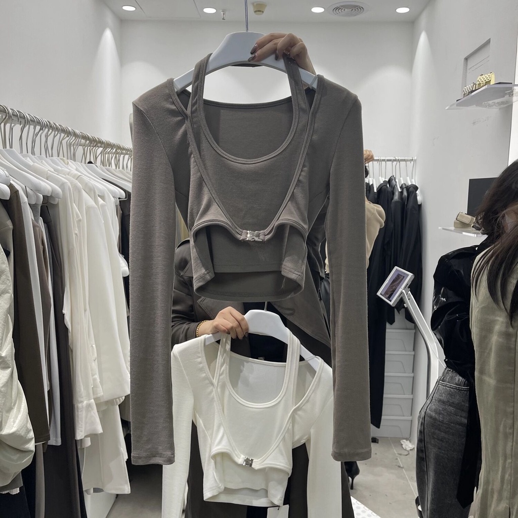 Bán Chạy!Áo Thun Ngắn Tay Dài Giả Hai Lớp Cài Nút Kim Loại Dáng Ôm Thời Trang Mùa Thu 2022