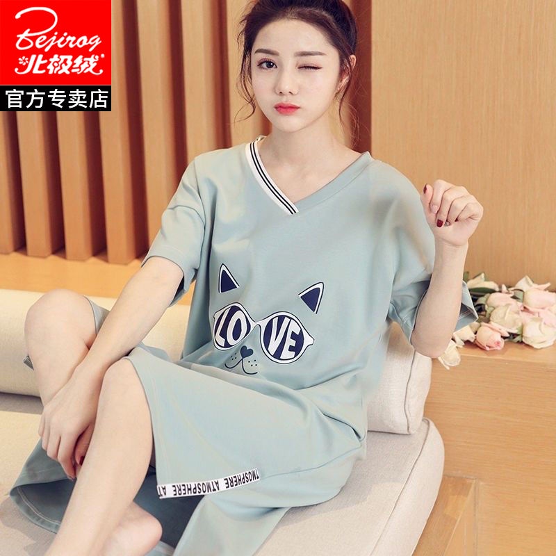 Đầm Ngủ Cotton Tay Ngắn Dài Qua Gối In Họa Tiết Hoạt Hình Dễ Thương Thời Trang Mùa Hè Cho Nữ