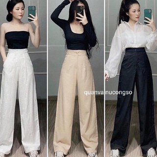 Quần đũi ống rộng nữ lưng chun co giãn khóa thật cúc cài dài 95cm - Quần ống suông mềm dài Màu đen trắng be mặc đi biển