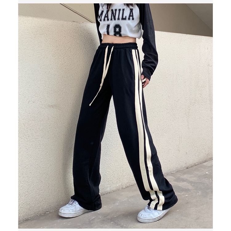 Quần Dài Thể Thao Nữ Ống Rộng Họa Tiết Sọc Ngang Mới