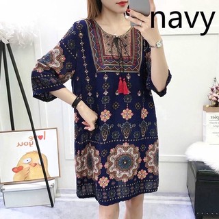 [bigsize 60-70ky]Đầm lanh lụa dáng suông vintage phong cách boho thổ cẩm