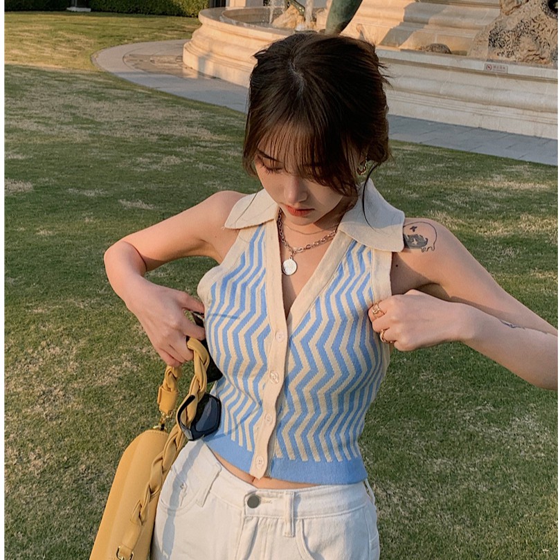 Áo Dệt Kim Cổ Yếm Phong Cách Hàn Quốc Xinh Xắn Dành Cho Nữ