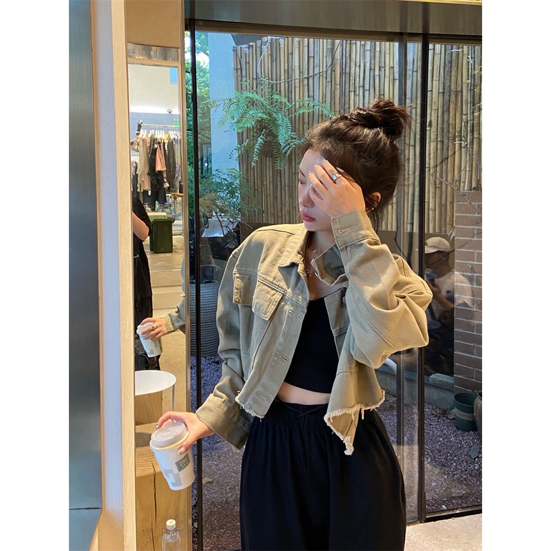 Áo khoác cardigan ngắn vải denim kiểu retro Hong Kong thời trang ngọt ngào cho nữ