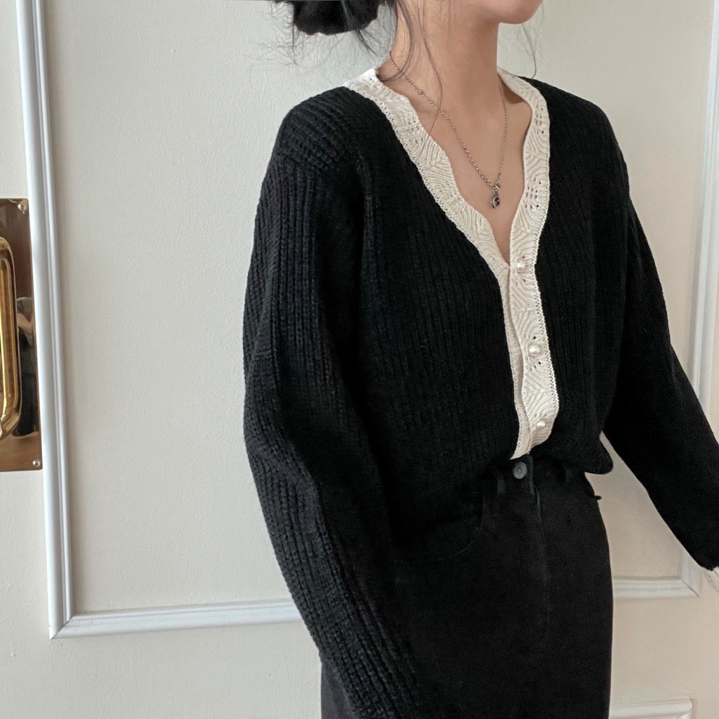 Áo khoác cardigan dệt kim tay dài cổ chữ V phối hàng nút thời trang cá tính 45439