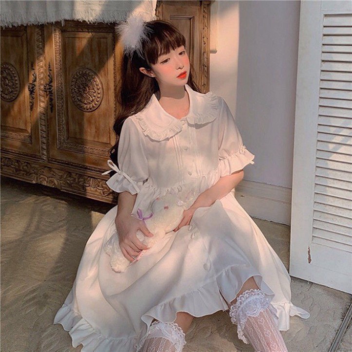 Đầm babydoll trắng đen cổ sen bèo tay ngắn dài xếp ly nút  ,có quà tặng ,LAMASS