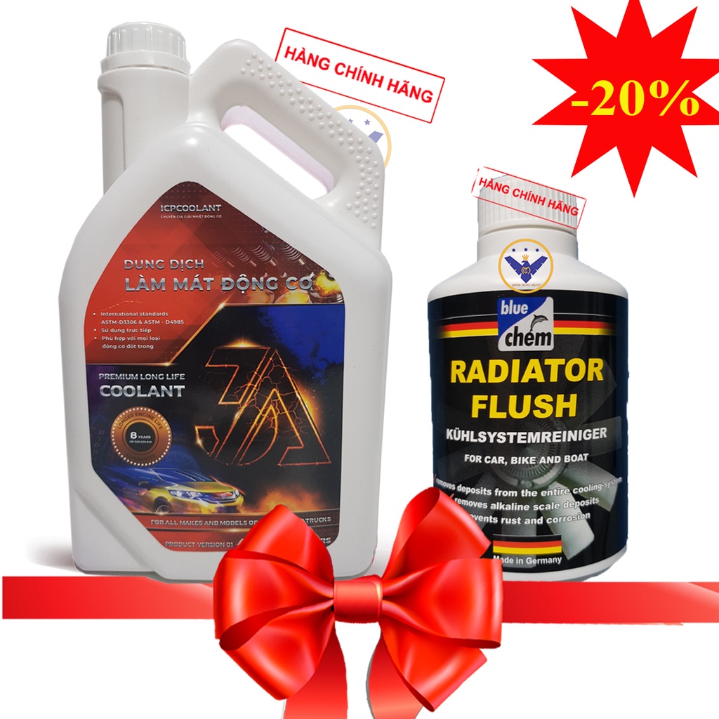 COMBO nước làm mát xe ô tô màu đỏ 3A Premium Longlife Coolant 4L + súc két nước Bluechem